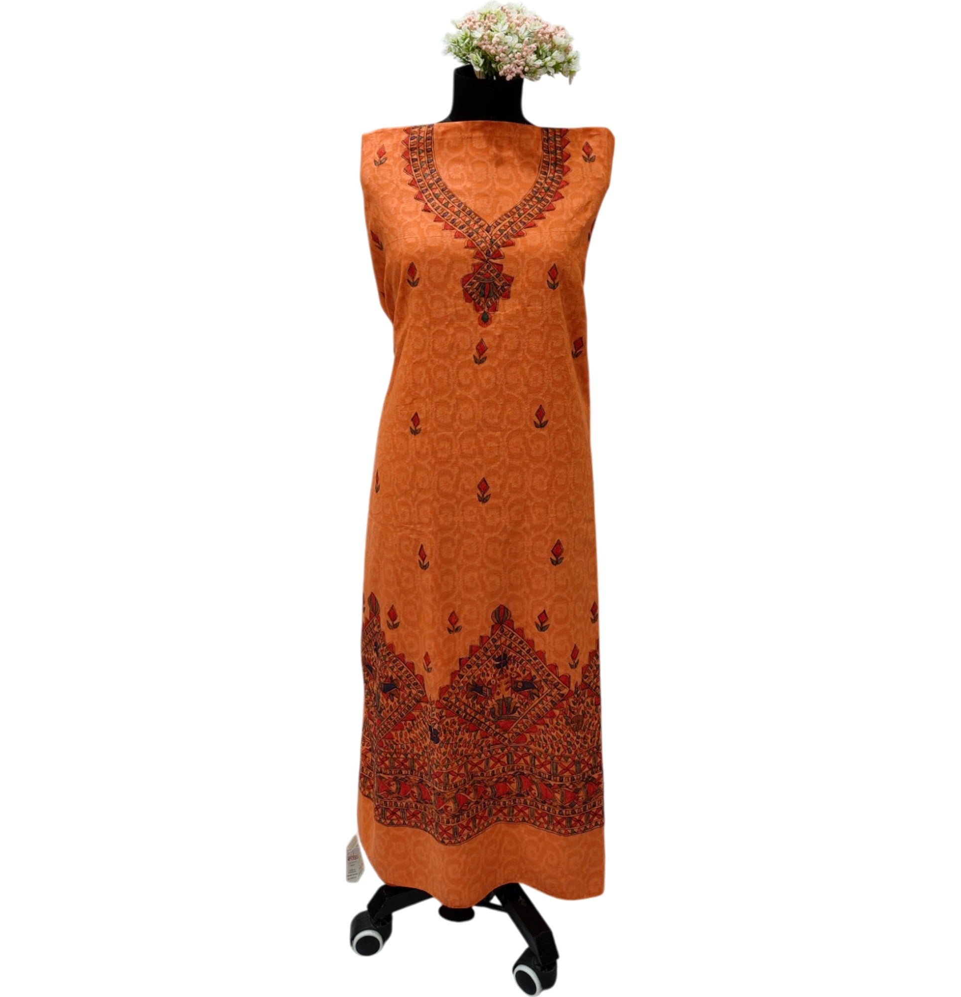 Hand-Painted Unstitched Madhubani Chanderi Suit Set in Orange